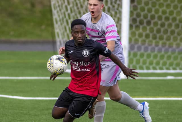 Partick Thistle loan forward Gospel Ocholi on the ball for Gala Fairydean Rovers during their 2-0 home loss to East Stirlingshire on Saturday (Photo: Thomas Brown)
