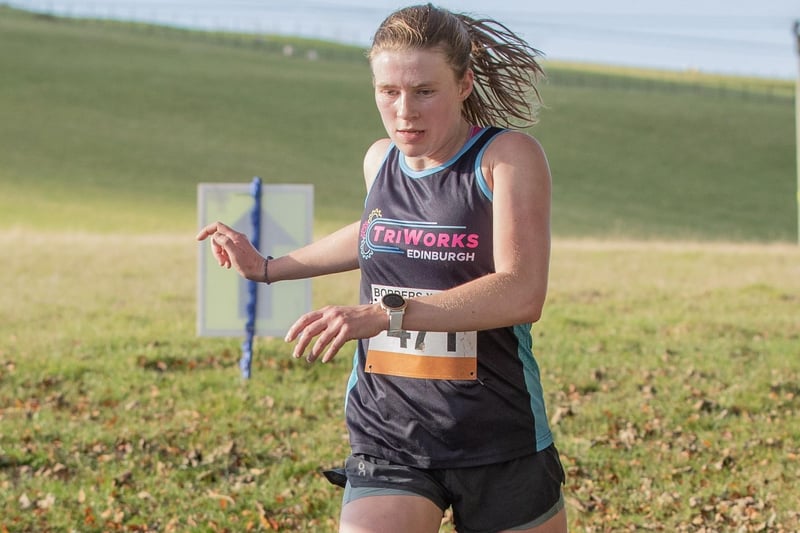 Hollie Hindley was first female finisher, and 37th overall, in 33:09 at Sunday's senior Borders Cross-Country Series race at Lauder