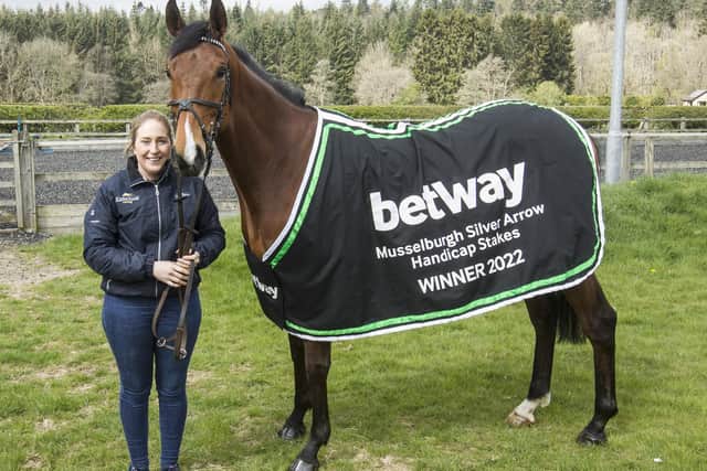Borders racehorse trainer Katie Scott with Gweedore following one of his previous seven wins (Photo: Bill McBurnie)
