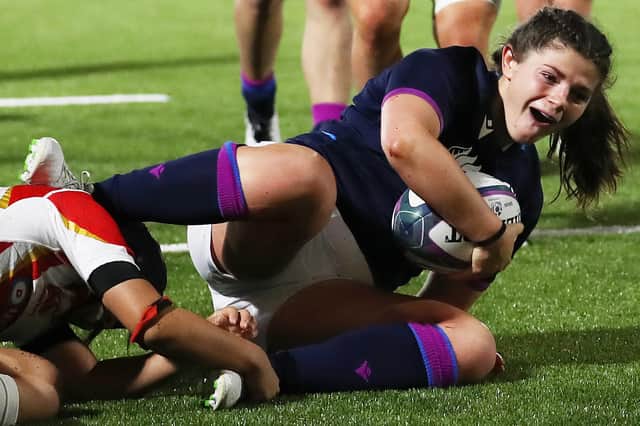 Lisa Thomson scoring Scotland's third try against Japan this month in Edinburgh (Pic: Ian MacNicol/Getty Images)