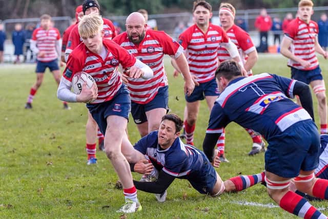 Ross Wolfenden on the ball during Peebles' 46-13 win at home at the Gytes to Aberdeen Grammar on Saturday (Photo: Peebles RFC)