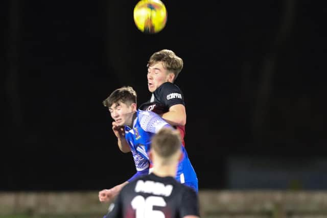Loan signing Arran Bone challenging for an aerial ball during Gala Fairydean Rovers' 2-0 Scottish Lowland Football League defeat at home to Tranent Juniors on Saturday (Photo: Brian Sutherland)
