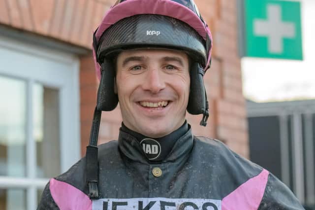 Ryan Mania after riding Benson to victory for his father-in-law Sandy Thomson at Musselburgh's New Year's Day 2023 race meeting (Pic: Alan Raeburn)