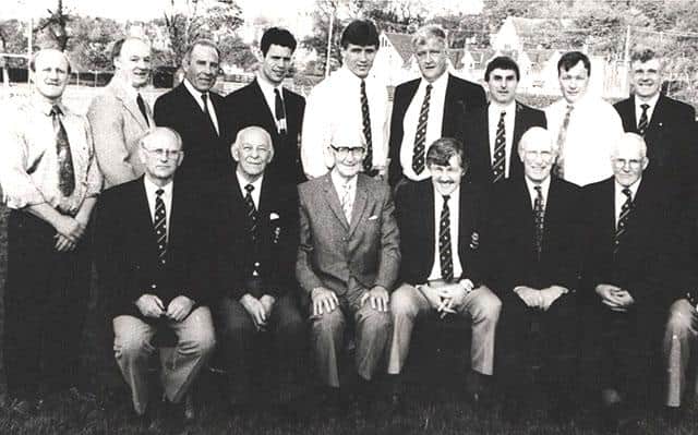 A reunion of Selkirk Rugby Club’s past-captains, with Jim Newlands in the back row, third from right. Standing, from left – M. Craig, D. Piercy, W. Hamilton, K. Johnston, G. Marshall, D. Phaup, A. Pearce, A. Laurie, J. Newlands, P. Tomlinson, I. Johnstone. Seated – L. Walker, T. Henderson, S. Roberts, B. Duffy, I. Tait, G. Downie, A. Little.
