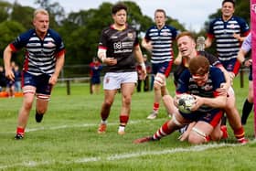 Finlay Collins scoring a try for Peebles during their 39-26 win hosting Edinburgh’s Stewart’s Melville on Saturday (Photo: Peebles RFC)