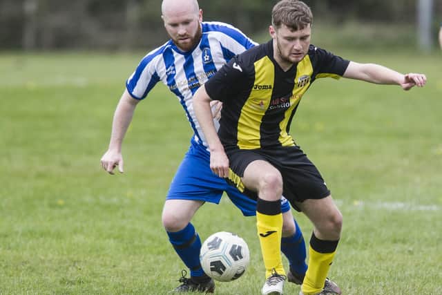 Stow's Andrew Callow getting ahead of Jed Legion's Jamie Milner in their sides' Walls Cup semi-final at Ancrum on Saturday (Photo: Bill McBurnie)