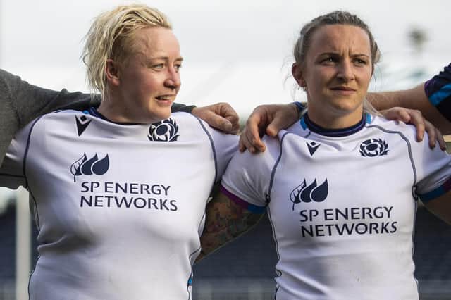 Lana Skeldon, left, and Chloe Rollie lining up for Scotland's women's rugby team against the USA at the DAM Health Stadium in Edinburgh in August (Photo by Ross MacDonald/SNS Group/SRU)