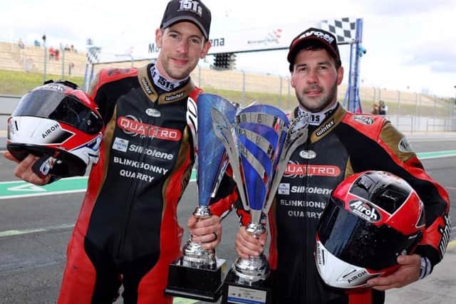 Lauder sidecar pair Steve Kershaw and Ryan Charlwood celebrating their double victory at Oschersleben in Germany at the weekend (Photo: Mark Walters)