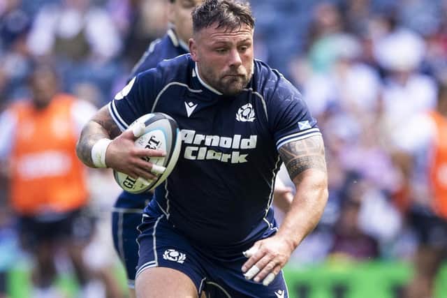 Rory Sutherland on the ball for Scotland during their 33-17 Nations Championship versus Fiji at Edinburgh’s Murrayfield Stadium in July (Photo: Craig Williamson/SNS Group/SRU)