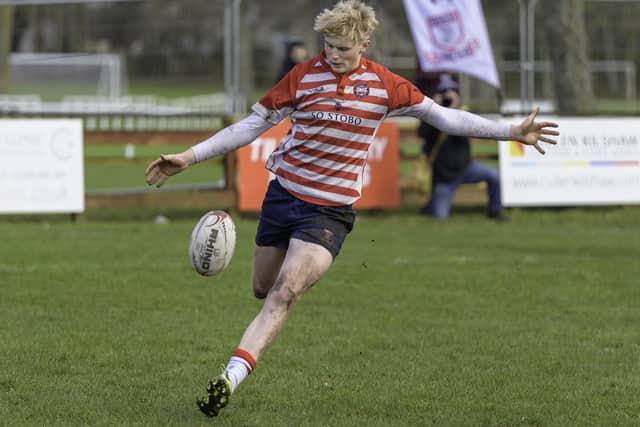Ross Wolfenden taking a kick during Peebles' 54-13 win at home to Berwick at the Gytes on Saturday (Photo: Stephen Mathison)
