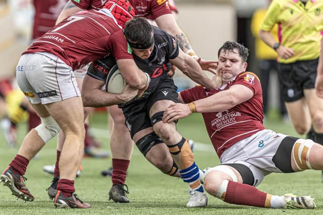 A Southern Knights attack being halted during their 24-14 loss at home to Watsonians at Melrose's Greenyards on Saturday (Photo: Craig Murray)