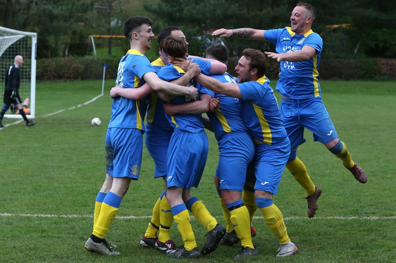Eyemouth United Amateurs celebrating one of their five goals away to Leithen Rovers at Innerleithen's Victoria Park on Saturday in the Border Amateur Football Association's B division (Photo: Steve Cox)