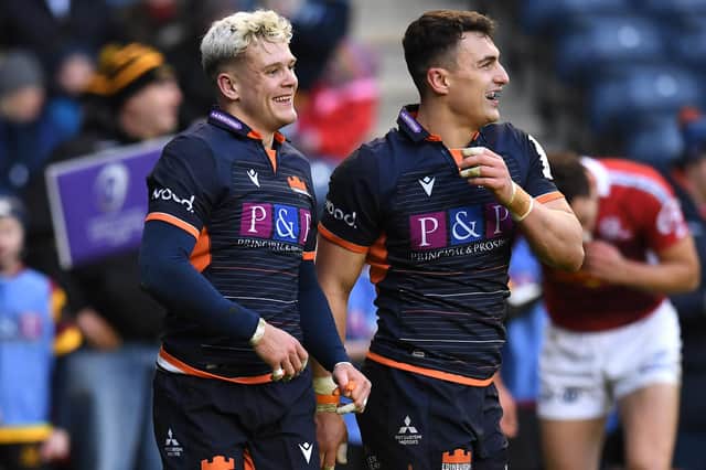 Damien Hoyland with Edinburgh team-mate Darcy Graham during their European Rugby Challenge Cup home match against Agen in January 2020 (Photo by Mark Runnacles/Getty Images)