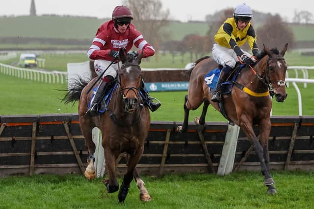 Hoganville, right, ridden by Conor Rabbitt for Cumbrian trainer George Bewley, en route for victory at Kelso yesterday, ahead of You Some Boy, left, with Nathan Moscrop riding for Rebecca Menzies (Photo by Grossick Racing Photography)