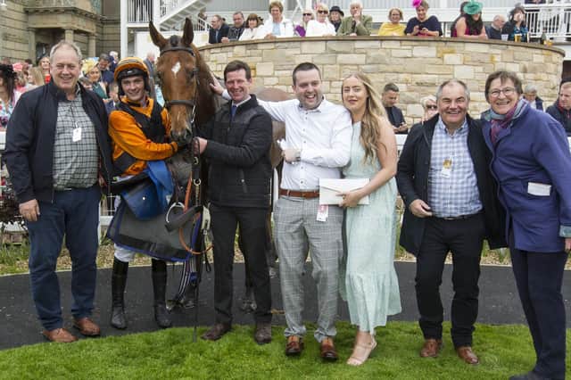 Brandy McQueen, winner of Sunday's fourth race at Kelso, with his owners, trainers Gary Rutherford and Harriet Graham and Hawick jockey Craig Nichol (Photo: Bill McBurnie)
