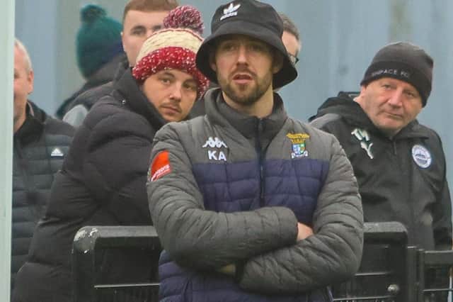 Coldstream manager Kieran Ainslie watching his side being beaten 4-3 at Dunipace the weekend before last (Pic: Scott Louden)