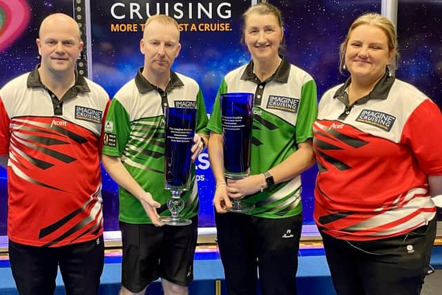 Hawick bowler Julie Forrest at 2024's World Indoor Bowls Championships at Hopton-on-Sea in Norfolk with mixed pairs title-winning partner Nick Brett and beaten finalists Ceri Ann Glen and Stewart Anderson (Pic: World Bowls Tour)
