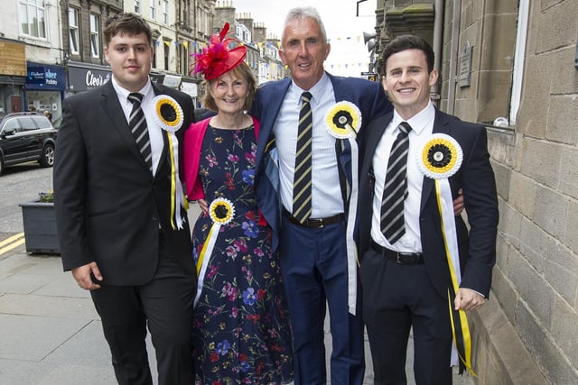 Melrose LHM Will Owen with Melrose festival Chairman Rob Moffat, wife sue and Melrosian 2022 Douglas Crawford about to attend Hawick Colour Bussing evening.