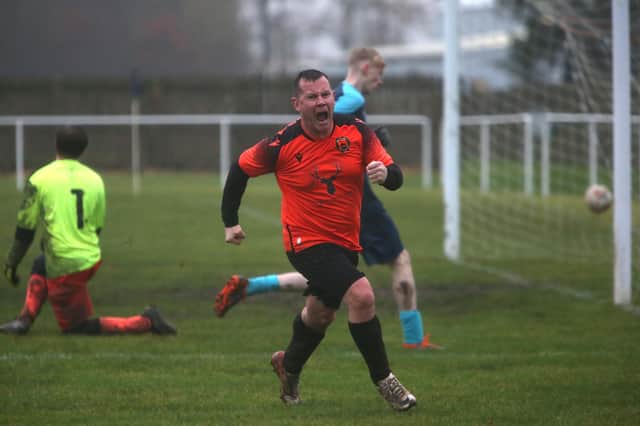 Hawick United star wheels away after scoring in last weekend’s 9-1 win at Selkirk Victoria (Pics on this page by Steve Cox)