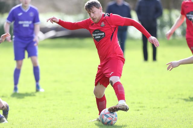 Phil Addison on the ball during Earlston Rhymers' 3-0 win at home to Hawick Waverley on Saturday in the Border Amateur Football Association's A division (Photo: Brian Sutherland)