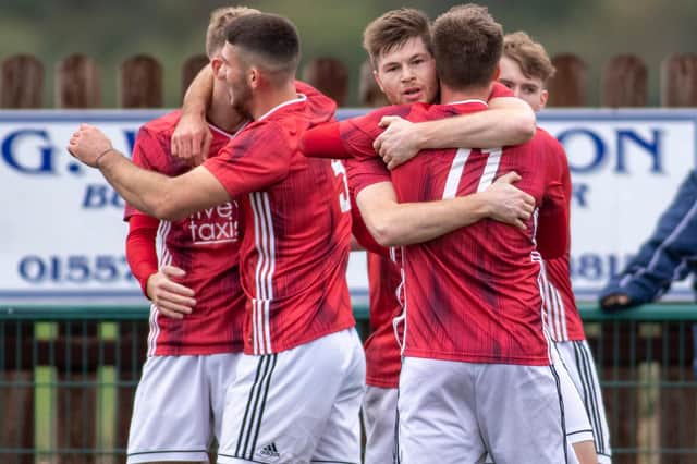 Gala Fairydean Rovers players celebrating one of their three Scottish Cup second-round tie goals against St Cuthbert Wanderers (Photo: Thomas Brown)