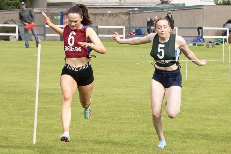 Peebles' Natasha Turnbull, in bib No 6, winning the 100m open at 2023's St Ronan's Border Games on Saturday
