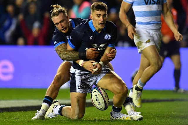Cameron Redpath being congratulated by Stuart Hogg after scoring a try for Scotland against Argentina at Murrayfield Stadium in Edinburgh on Saturday (Photo: Mark Runnacles/Getty Images)