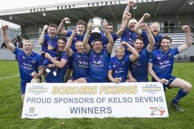Jed-Forest celebrating winning at Kelso Sevens on Saturday, their third tournament victory on the trot (Photo: Bill McBurnie)