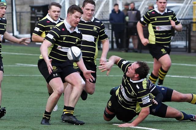 Captain Angus Runciman getting an offload away during Melrose's 38-26 defeat at home at the Greenyards to Dundee on Saturday (Pic: Douglas Hardie)