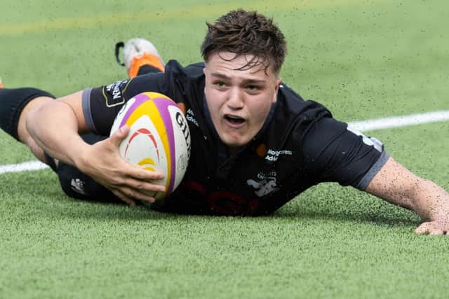 Sam Derrick scoring a try for Southern Knights against Ayrshire Bulls at the Greenyards in Melrose on Saturday (Photo by Bruce White/SNS Group/SRU)