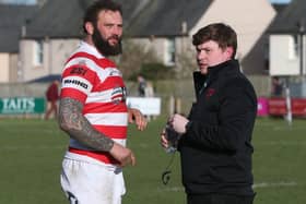 Head coach Matty Douglas and player-coach Bruce McNeil after South of Scotland's 27-25 win against Glasgow and the West in rugby's national inter-district championship at Kelso's Poynder Park on Saturday (Photo: Steve Cox)
