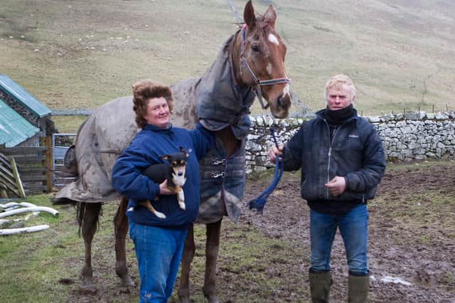 Yetholm trainer Sandy Forster with Clive Storey, right, and Claud And Goldie, the 12- year- old chestnut gelding who very sadly died after finishing ninth in Saturday's Coral Scottish Grand National at Ayr (picture by Bill McBurnie).