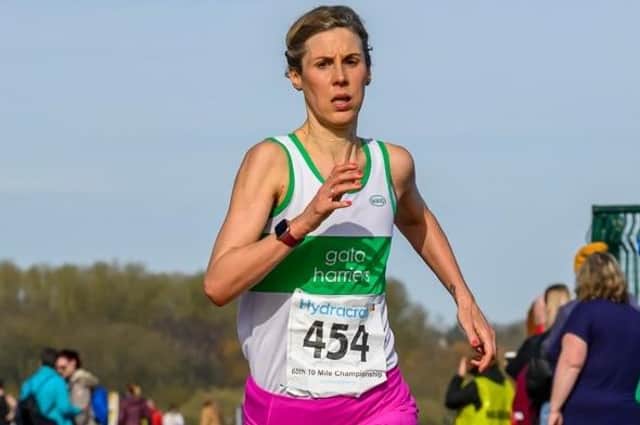 Gala Harrier Sara Green was third female finisher overall, 48th all told out of a field of 374 and first woman over the age of 40 at Sunday's Tom Scott Memorial Road Races at Motherwell, covering ten miles in 58:47 (Photo: Bobby Gavin)