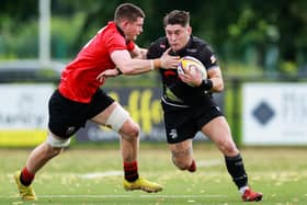 Southern Knights' Rory Brand (right) takes on Future XV's Ollie Duncan during a FOSROC Super Series match between Southern Knights and FOSROC Future XV at the Greenyards, on July 28, 2023, in Melrose, Scotland. (Photo by Ewan Bootman/SNS Group)