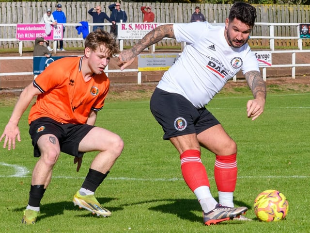 Sean Spoor in action for Duns Amateurs as they beat Hawick United 9-1 at home in round one of this football season’s Waddell Cup on Saturday (Photo: Alan Raeburn)