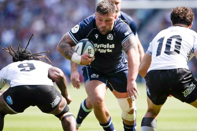 Rory Sutherland on the attack for Scotland during their 33-17 Nations Championship win hosting Fiji at Edinburgh’s Murrayfield Stadium on Saturday (Photo: Craig Williamson/SNS Group/SRU)