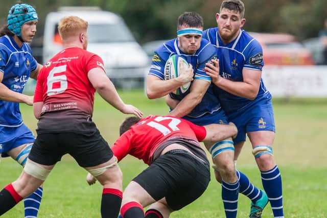 Jed-Forest's Garry Young, supported by Clark Skeldon, trying to find a way through Glasgow Hawks' defence (Photo: Bill McBurnie)