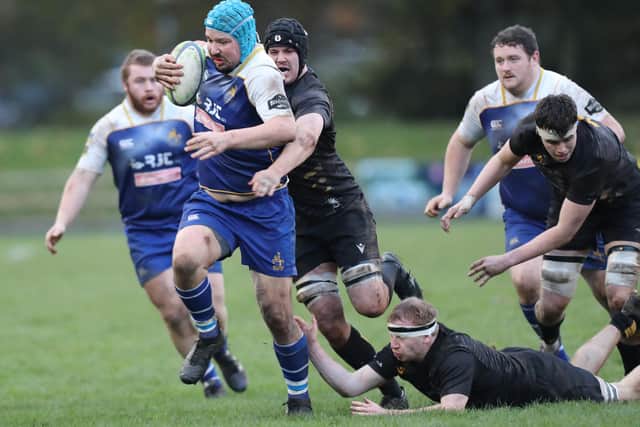 Jed-Forest on the attack during their 31-7 loss at home to Currie Chieftains at Jedburgh's Riverside Park on Saturday (Photo: Brian Sutherland)