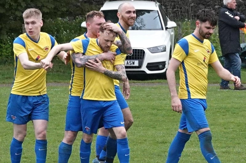 Ancrum celebrating scoring during their 3-2 loss at home to Berwick's Highfields United in a Beveridge Cup semi-final on Saturday (Photo: Bernie Gajos)