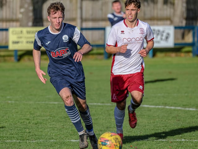 Fraser Stewart in action for Vale of Leithen during their 3-2 loss at home to Tynecastle at Victoria Park in Innerleithen on Saturday (Photo: Hilary Isaac)