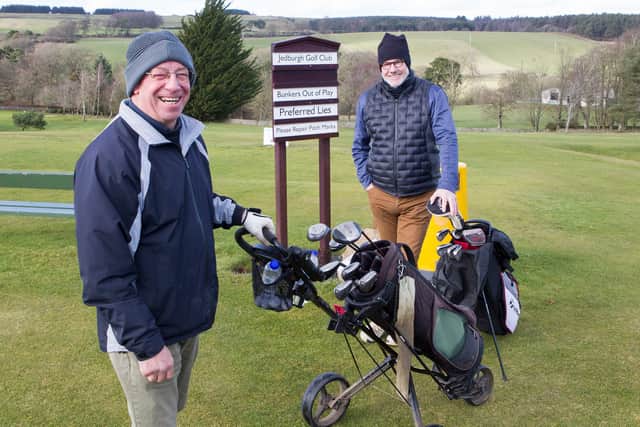 Former Scotland No 9 Roy Laidlaw golfing with his No 10 from back in the day, John Rutherford, at Jedburgh Golf Club (Photo: Bill McBurnie)