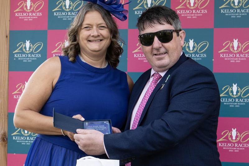 Kaye Niven handing out a prize at Kelso Racecourse on Sunday