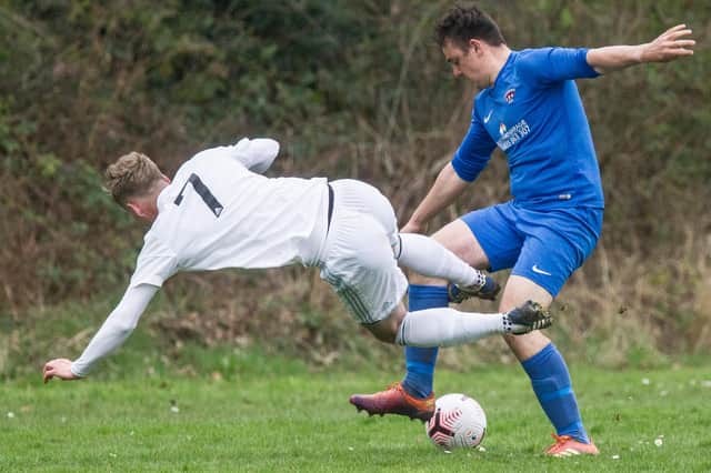 Ancrum's Owen Cranston in action during their 5-1 Border Amateur Football Association A division defeat at Newtown on Saturday (Photo: Bill McBurnie)