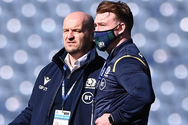 Gregor Townsend, head coach of Scotland, talking to fellow Borderer Stuart Hogg before yesterday's Guinness Six Nations match versus Italy at Murrayfield Stadium in Edinburgh (Photo by Stu Forster/Getty Images)