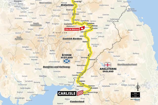 The route stage one of 2027’s Tour de France will take through the Borders, from near Heriot in the north to Newcastleton in the south, going via Innerleithen, Galashiels, Melrose, Selkirk and Hawick (Image: Tour de France)
