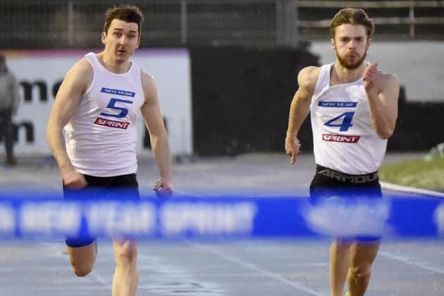 Ryan McMichan, right, and Gordon Armstrong contesting the final of Saturday's 155th new year sprint at Grangemouth (Pic: Alan Murray)