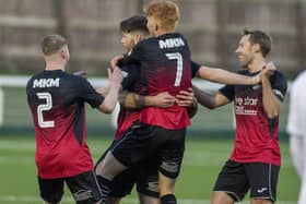 Gala Fairydean Rovers midfielder Ciaren Chalmers celebrating his 41st-minute goal against East Kilbride at Netherdale on Saturday (Photo: Thomas Brown)