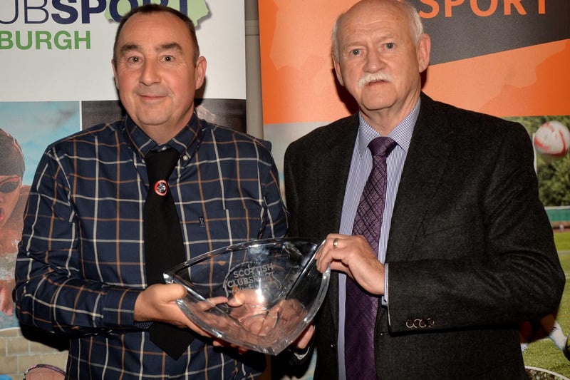 Kelso Football Club's Stephen Rock was given an accolade for service to local sport  by Rick Kenney, chairman of ClubSport Borders, at ClubSport Roxburgh's 2023 award night in Kelso on Friday