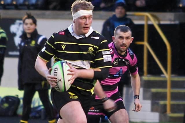 Ben McLean on the ball for Melrose during their 31-30 home loss to Ayr on Saturday (Pic: Douglas Hardie)