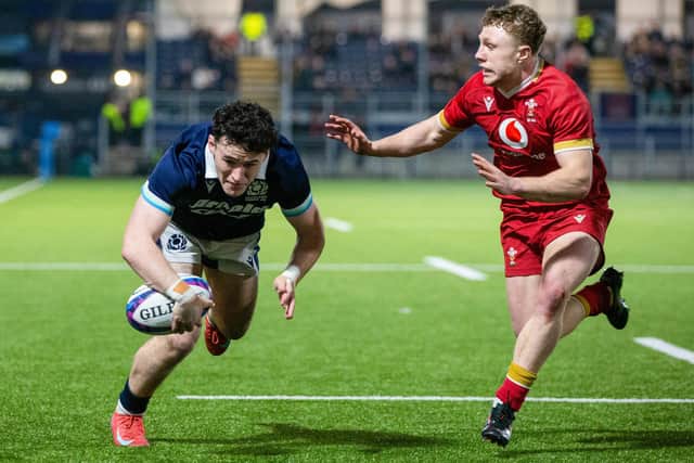 Nairn Moncrieff scoring a first-half try for Scotland during their 27-12 Under-20 Six Nations win at home to Wales at Edinburgh’s Hive Stadium on Friday (Photo by Ewan Bootman/SNS Group/SRU)
